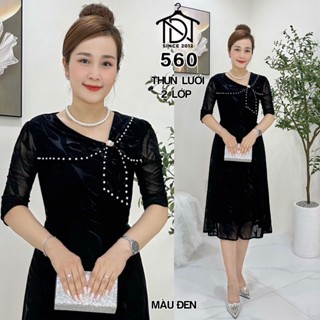 Đầm trung niên dự tiệc sang trọng vải thun lưới co giãn tốt bigsize 75kg M560