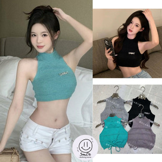 Áo len sát nách, áo dệt kim dây cổ rùa màu trơn kèm tag chữ phom ôm dáng ngắn phong cách mỹ 2024 / smide clothing