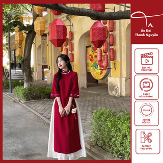 Áo dài Tết - Áo dài cách tân màu đỏ thiết kế tay lỡ dáng suông chất nhung tăm thêu 2 tà cách điệu