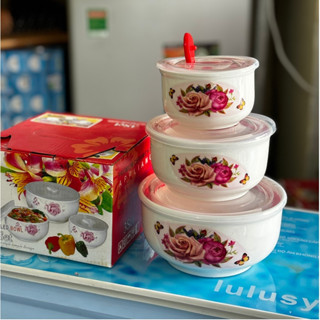 Bộ 3 Thố Sứ Tô Sứ Có Nắp Đậy - Bộ 3 Thố Đựng Cơm Mang Đi, Nắp Hút Chân Không