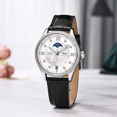 Đồng hồ nữ chính hãng I&W CARNIVAL 582L-D2 Kính sapphire ,Chống nước 30m ,Bh 24 tháng,Máy cơ (Automatic),dây da đen