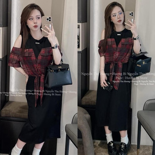Váy xuông QC ( chỉ bán loại 1) mềm mát cottong phối kẻ đỏ hở vai