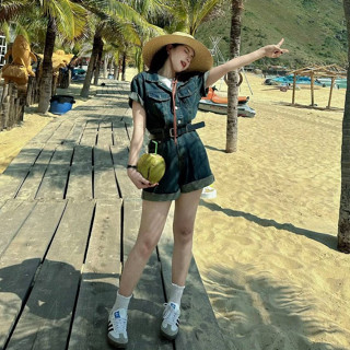 Jumpsuit Denim Mềm Mại Cho Nữ Mùa Hè, Quần Bò Liền Thân Ôm Eo Tôn Dáng