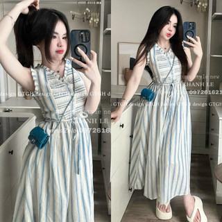 Váy kẻ đũi mềm mát tiểu thư phối ren form xuông rộng kèm đai