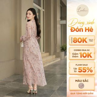 Đầm suông dáng dài Chifon Leegi Design cổ tròn hoạ tiết hoa ly hồng đất - DS7128