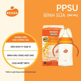 Bình sữa cổ RỘNG PPSU Wesser 180ml/260ml (PPSU MÀU VÀNG MẬT ONG)
