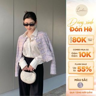Áo vest dạ tweed phối cúc tím LeeGi Design cổ tròn dáng ngắn thanh lịch Min6916