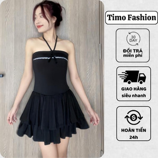 Váy nữ dáng xòe TIMO, váy ôm body hở lưng trễ vai, có dây chéo cổ, vải thun co giãn, phong cách Hàn Quốc, VTN146