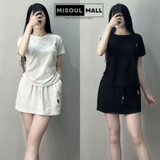 Set thêu ngựa áo thun nhún eo kèm chân váy ngắn chữ a misoul mall, bộ đồ nữ thun cotton mùa hè 277