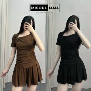 Set Áo Lệch Cổ Nơ Vạt Tròn Nhún Eo Kèm Quần Sooc Giả Chân Váy Tăm Hàn BigSize MiSoul Mall, Set Bộ Cổ Nơ Vạt Tròn 274