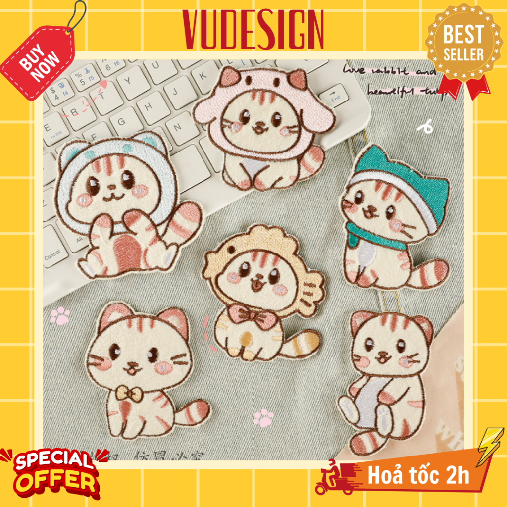 Sticker Vải, Sticker Ủi Thêu Quần Áo, Balo, Túi, Mũ Mèo Cam Ú Nu Cute Cat Dễ Thương Vudesign