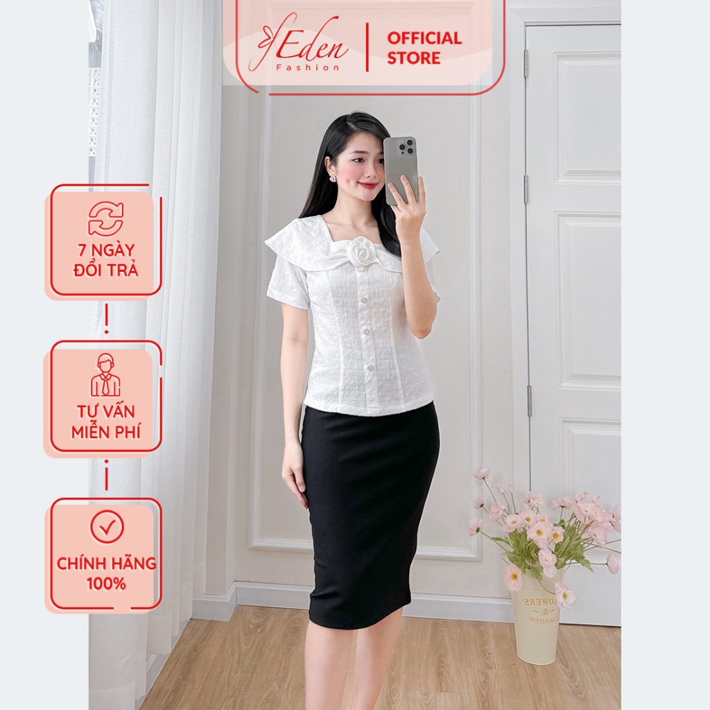 Áo kiểu nữ công sở cổ vuông tay ngắn phối hoa thời trang Eden - ASM239