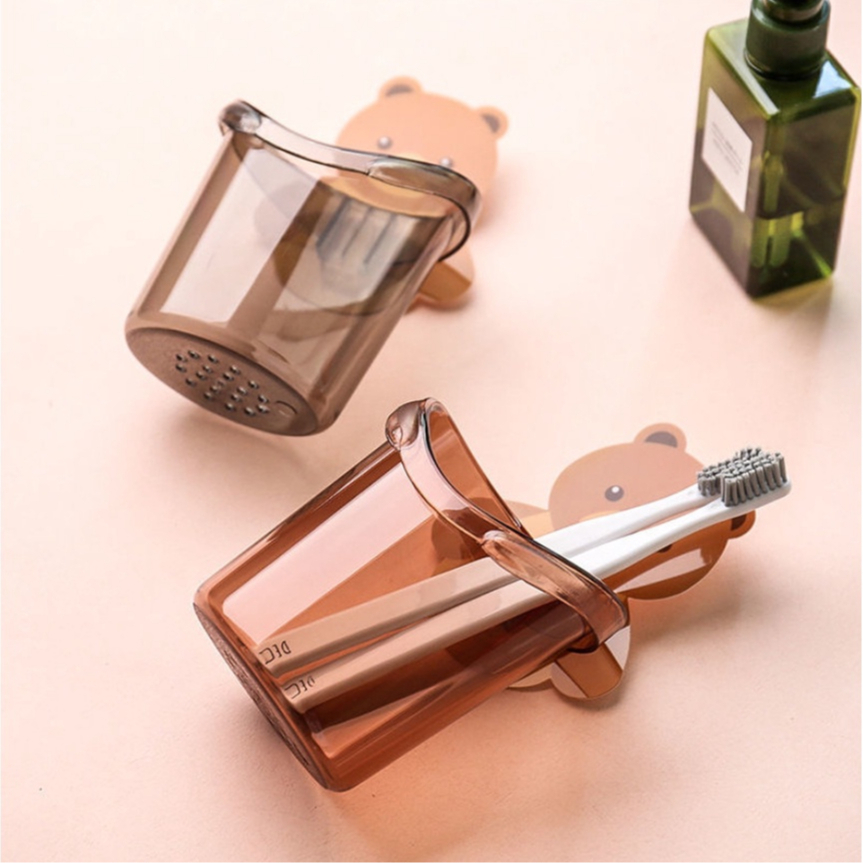 Cốc Gấu Dán Tường Để Bàn Chải Đánh Răng Hình Gấu Có Lỗ Thoát Nước Tiện Lợi