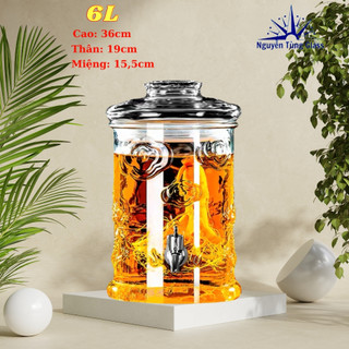 Bình Ngâm Rượu Thủy Tinh Dáng Trụ Có Hoa Văn Rồng 6 Lít ( DUNG TÍCH THỰC 5.2L )