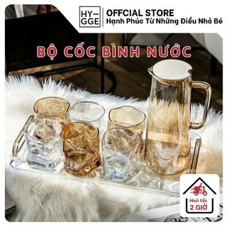 Bộ cốc bình nước thuỷ tinh chịu nhiệt kèm kệ chữ nhật - 6 CỐC