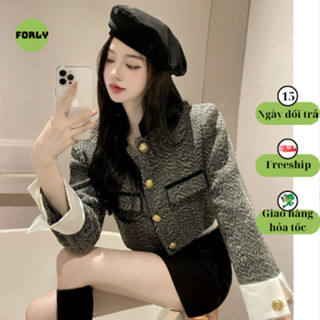 Áo dạ tweed Forly họa tiết sọc chéo dáng ngắn cổ tàu phối tay trắng tiểu thư T041