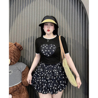 Set Bộ Đồ Nữ Áo Phông Ngắn Tay Hình Trái Tim Nơ Phối Cổ Viền Tay Ren Mix Chân Váy Tầng Bồng In Nơ  Dáng Freesize_ Thu Lê