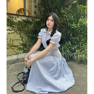 ( Chuẩn Hàng Đẹp ) Set 2 Món Áo Sơ Mi Croptop Tay Bồng Chân Váy Midi Dài Kẻ Sọc Xanh Trắng Viền Nơ