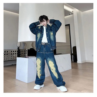 Set Demin Jeans Gồm Áo Dáng Boxy và Quần Jeans Ống Rộng Xé Rách
