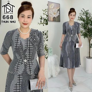 Đầm trung niên cho mẹ sang trọng thiết kế cao cấp dự tiệc chất nhũ kim sa co giãn tốt 80kg DN668 - WOBE