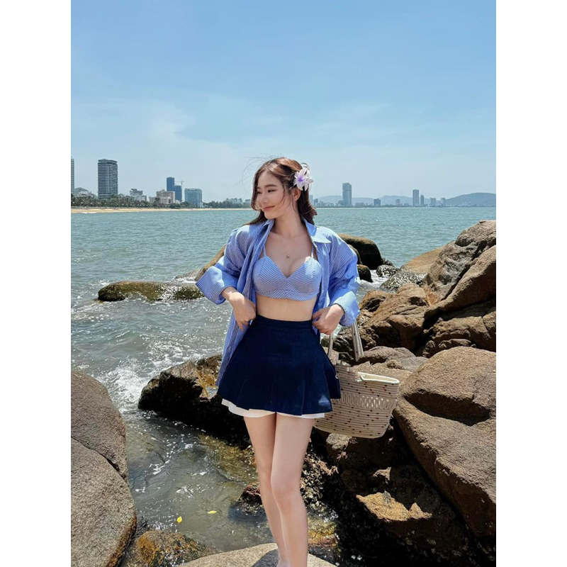 Hion Store - Set 3 món: Sm sọc xanh dương+ bra sọc xanh dương+ cv jean sm