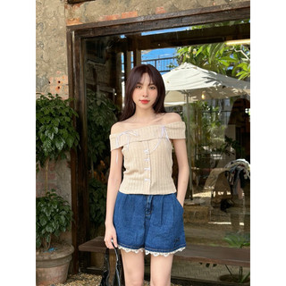 Áo len trễ vai đính nơ