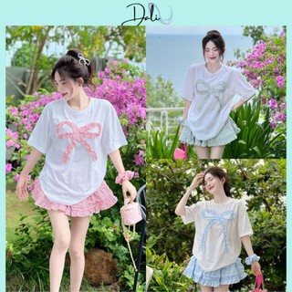 Set Bộ 3 Món Bánh Bèo Gồm Áo Phông Cotton Trắng Hình Nơ Nhún Bèo + Chân Váy Kẻ Dáng Xoè + Scrunchies (Đeo Tay)