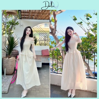 Váy Maxi Trễ Vai Bo Chun Thân Viền Bèo Dáng Dài 2 Lớp Chất Liệu Tơ Xốp