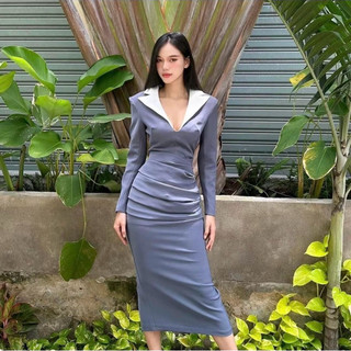 ĐẦM VEST DÀI XẾP VẠT NHẤN EO A.S.H.Y.L.E.Y (Xám) - kèm ảnh thật cận chất