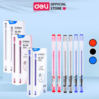Hộp 12 Bút Mực Gel Bi Nước Có Nắp Học Sinh Văn Phòng 3 Màu Đen/Xanh/Đỏ Deli Ngòi 0.5mm EG67 nét đều trơn tru