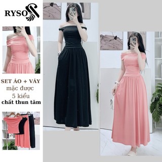Set Bộ Áo Trễ Vai Thun Tăm Cộc Tay Mix Chân Váy Dài Cùng Màu, Set Chân Váy Dài Thanh Lịch RYSO FASHION