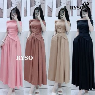 Set Bộ Áo Trễ Vai Vạt Nhọn Thun Tăm Cộc Tay Mix Chân Váy Dài Cùng Màu, Set Chân Váy Dài Thanh Lịch Form Ôm RYSOFASHION