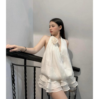 HAB Váy Tơ Cổ Yếm Đính Hoa Khoét Lưng Bồng Bềnh Nhiều Lớp - Đầm Tiểu Thư Hot 2024