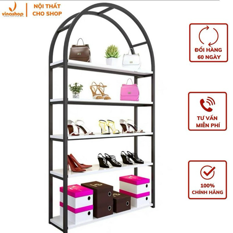 [Kho kệ cho shop] Kệ khung sắt mặt ván gỗ trưng đồ shop giày dép,mỹ phẩm,phụ kiện cho shop .VNS -036 - Sắt trắng -Gỗ đen