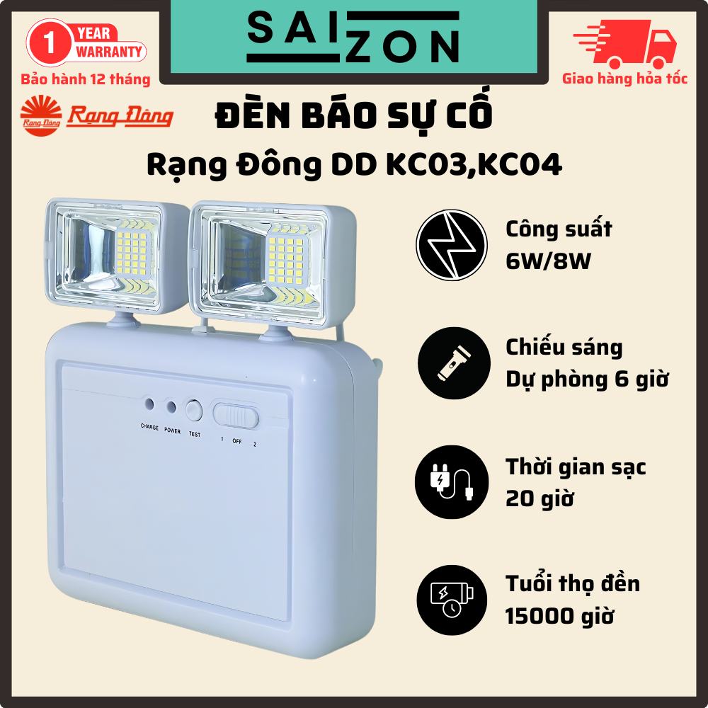 Đèn báo sự cố Rạng Đông DD KC03,KC04 - Công suất 6w/8w - Sáng dự phòng 6 tiếng - Tuổi thọ 15000 giờ
