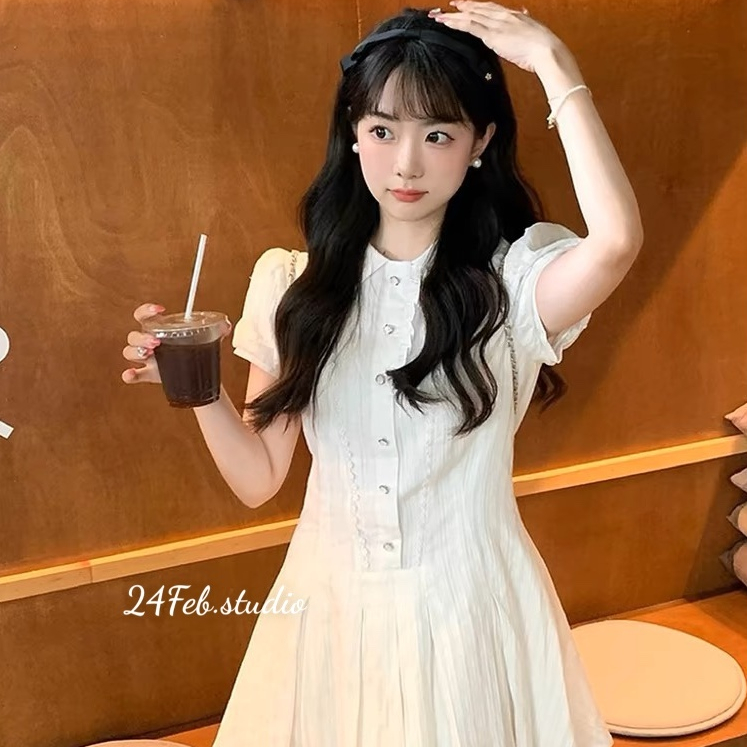Váy sơ mi nữ đũi thô dáng xòe xếp ly tặng kèm quần phong cách basic 24Febstudio VN75 | BigBuy360 - bigbuy360.vn