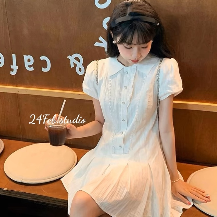 Váy sơ mi nữ đũi thô dáng xòe xếp ly tặng kèm quần phong cách basic 24Febstudio VN75 | BigBuy360 - bigbuy360.vn