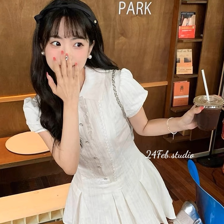 Váy sơ mi nữ đũi thô dáng xòe xếp ly tặng kèm quần phong cách basic 24Febstudio VN75 | BigBuy360 - bigbuy360.vn