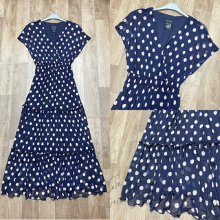 Đầm maxi kate & lily xanh navy hoạ tiết chấm bi eo thun