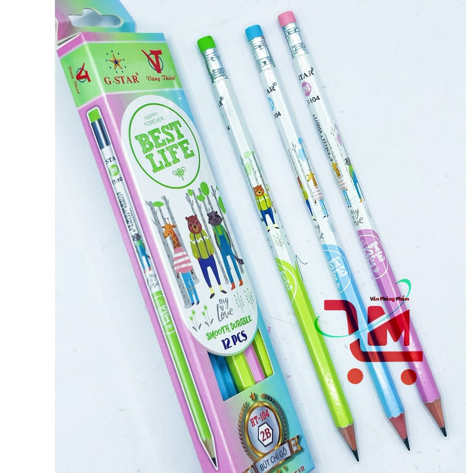 Hộp 12 Cây Viết Chì Đen HT104 2B GSTAR / Bút Chì Chuốt Gỗ Đen Có Gôm GSTAR, Hoạ Tiết Gấu Cho Bé