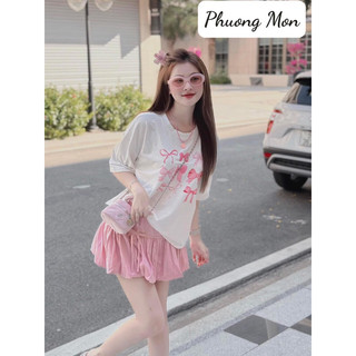 Set áo thun nơ kèm quần bí tầng hồng Phuong Mon