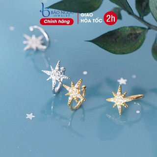 Bông tai bạc nữ S925 bông tai nụ thiết kế ôm tai hình sao nhiều cánh đính đá dễ thương - B2621