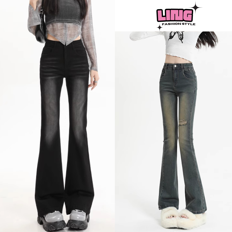 Quần jean ống loe dài nữ LING Cạp Cao đen xám khói, quần jean wash rách đùi ống rộng Retro tôn dáng Hottrend 2024