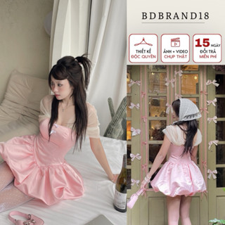 Váy cúp ngực trễ vai dáng bí BDBRAND18 phồng đính hoa phong cách bánh bèo màu hồng