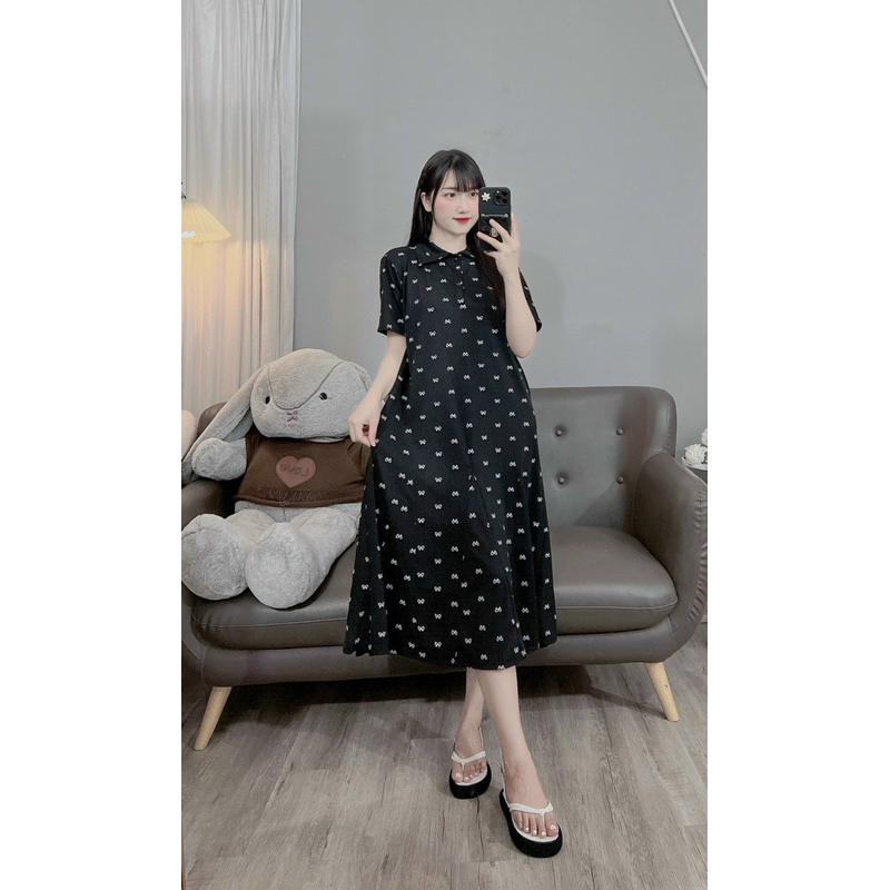 Váy bầu xinh công sở hoa vintage dáng dài hoa nhí màu hồng và đen,đầm bầu mùa hè cộc tay