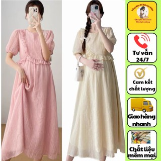 Đầm bầu - váy bầu cộc tay chất liệu tơ nhăn 2 lớp V23 - Đầm công sở dự tiệc sang chảnh