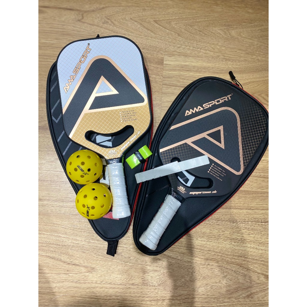 Bộ vợt pickleball AMA SPORT PP002 (gồm 1 vợt,2 bóng, cuốn cán,cuốn viền,túi da) bề mặt sợi carbon 3k