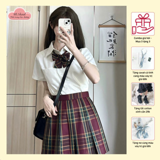 Bộ chân váy jk kẻ sọc xếp ly caro áo sơ mi trắng ngắn tay trơn basic kèm quần bảo hộ + (nơ, cavat, tất)