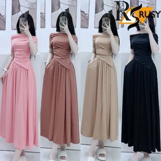 Set Bộ Áo Trễ Vai Vạt Nhọn Thun Tăm Cộc Tay Mix Chân Váy Dài Cùng Màu, Set Chân Váy Dài Thanh Lịch Form Ôm RUSY