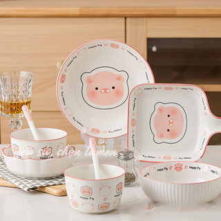 Set Bát Đĩa Thìa Gốm In Hình Cute, Bát Đĩa Làm Quà Tặng, Decor Siêu Xinh SET005Z
